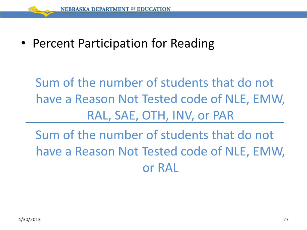 percent participation for reading