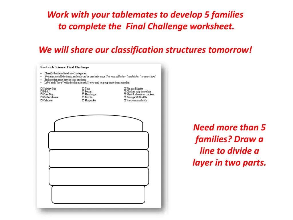 work with your tablemates to develop 5 families