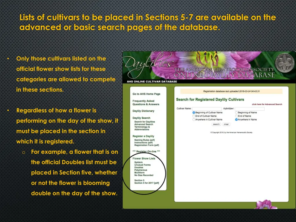 lists of cultivars to be placed in sections