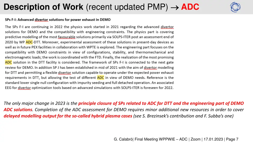 description of work recent updated pmp