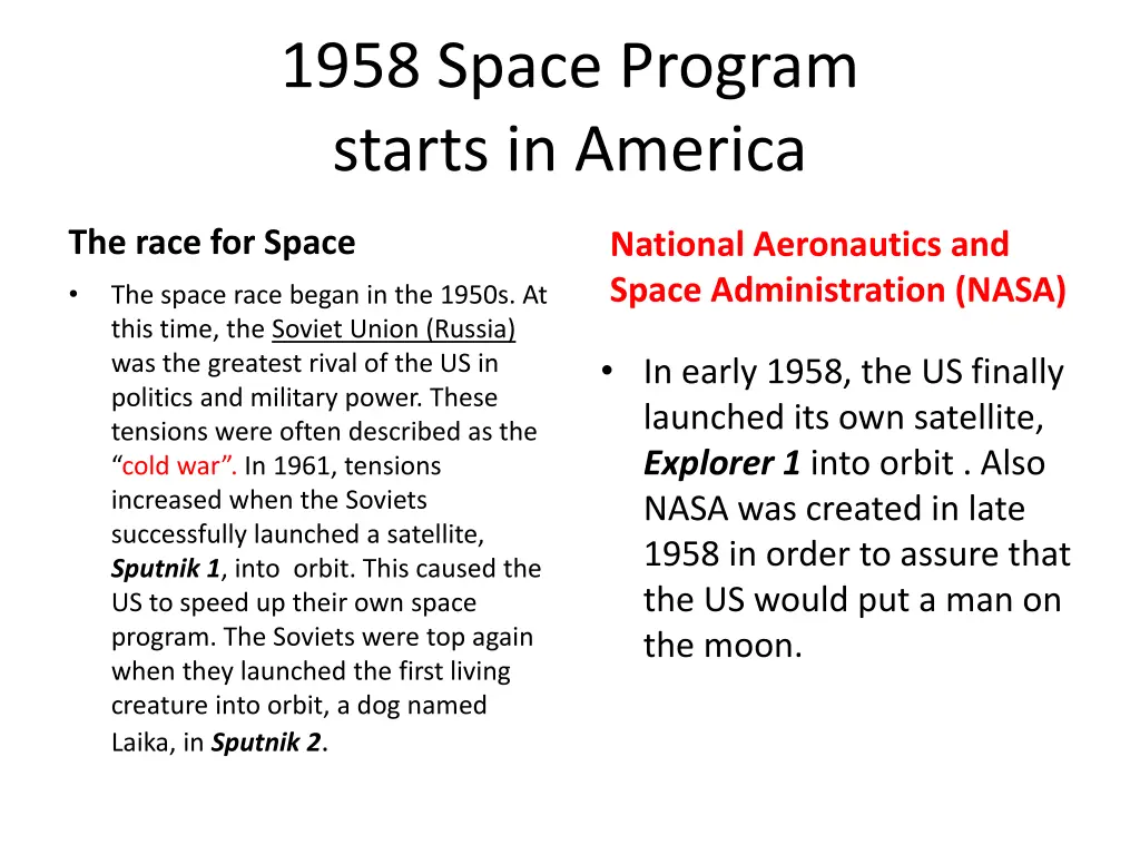 1958 space program starts in america