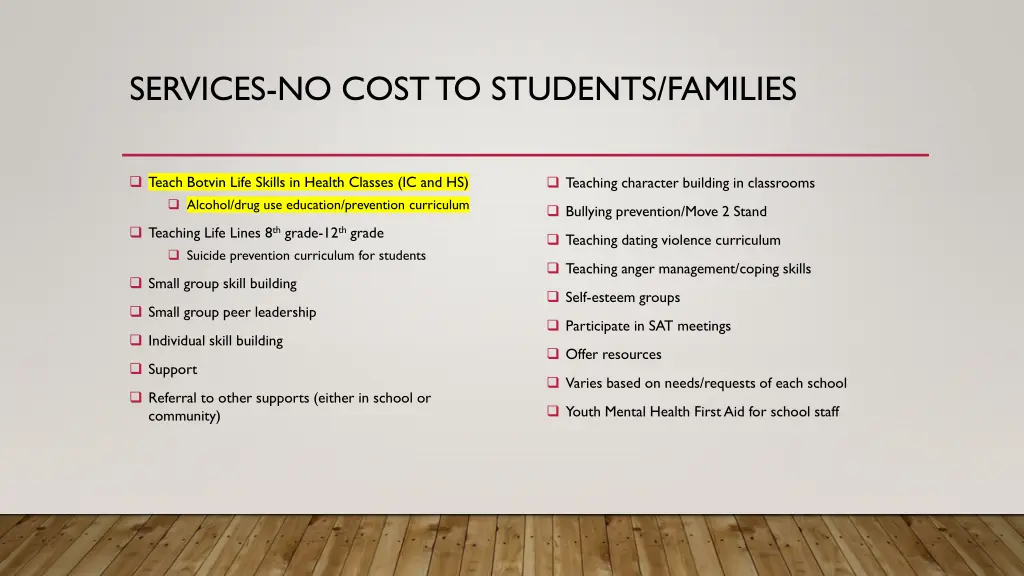 services no cost to students families