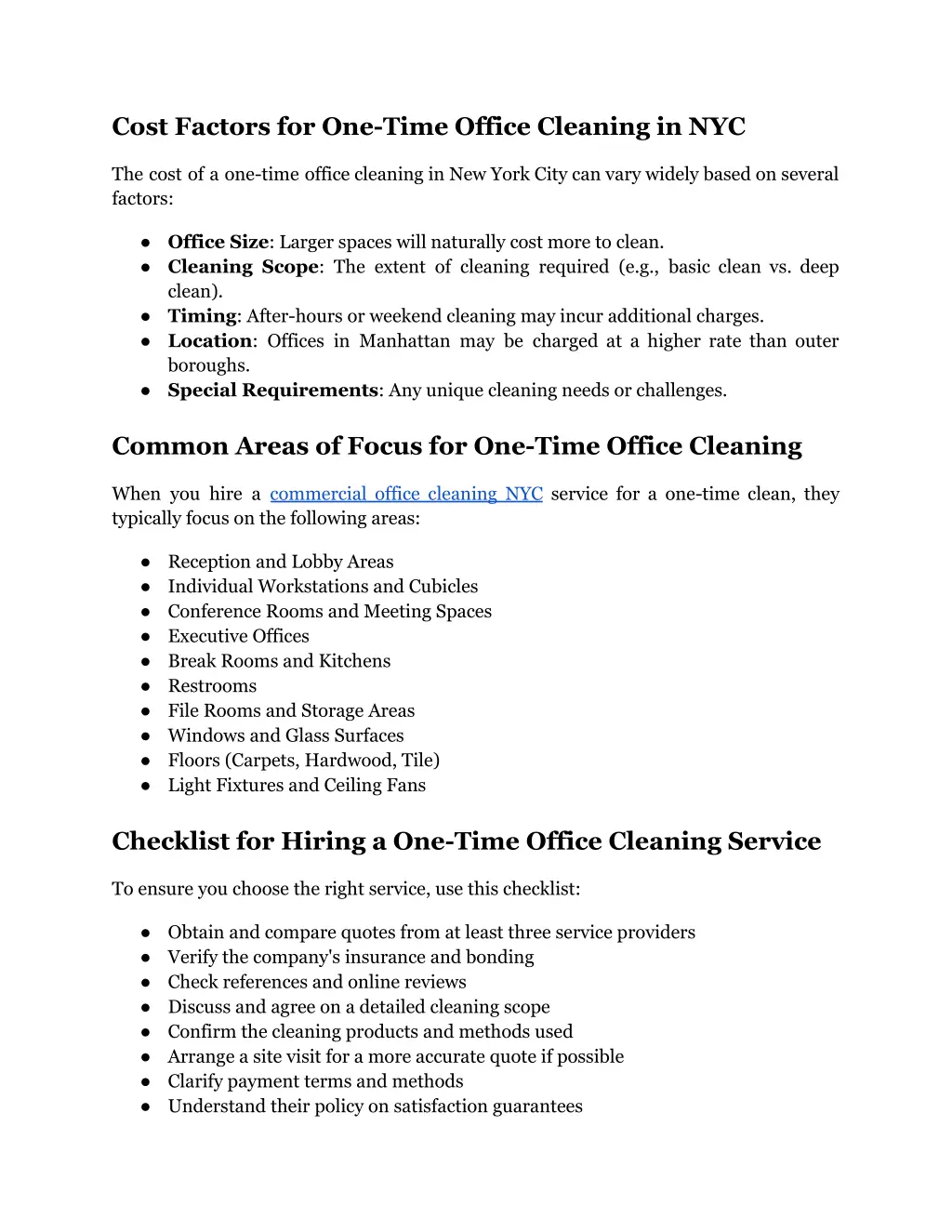 cost factors for one time office cleaning in nyc