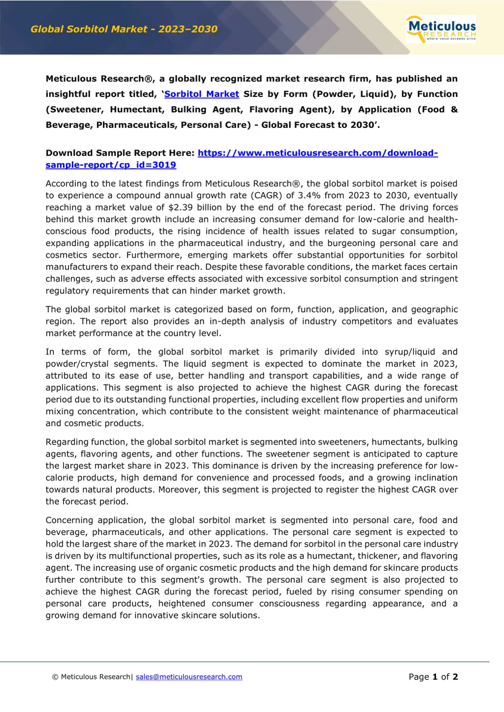 global sorbitol market 2023 2030