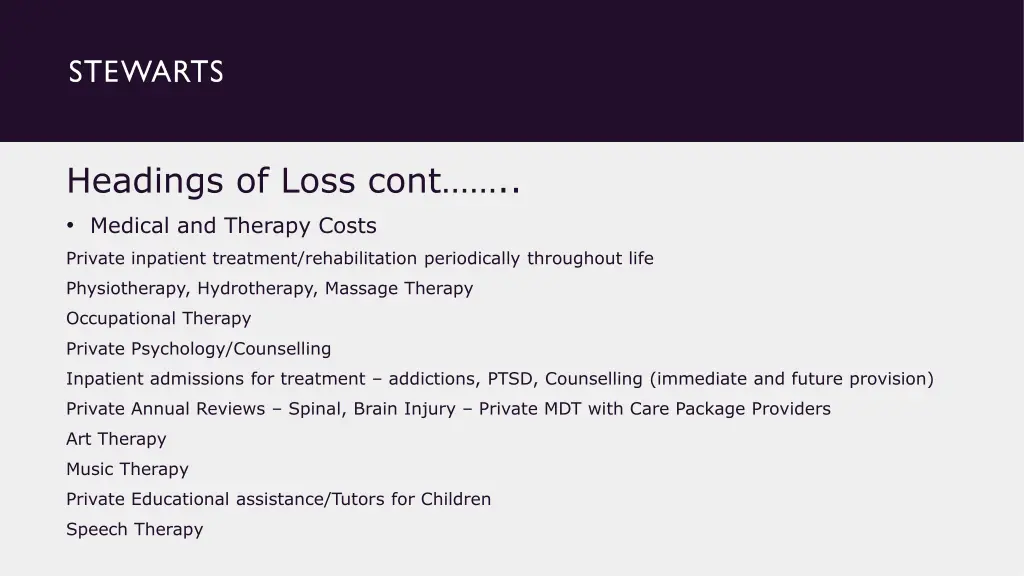 headings of loss cont medical and therapy costs