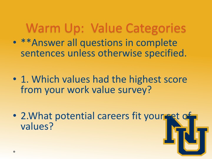 warm up value categories answer all questions