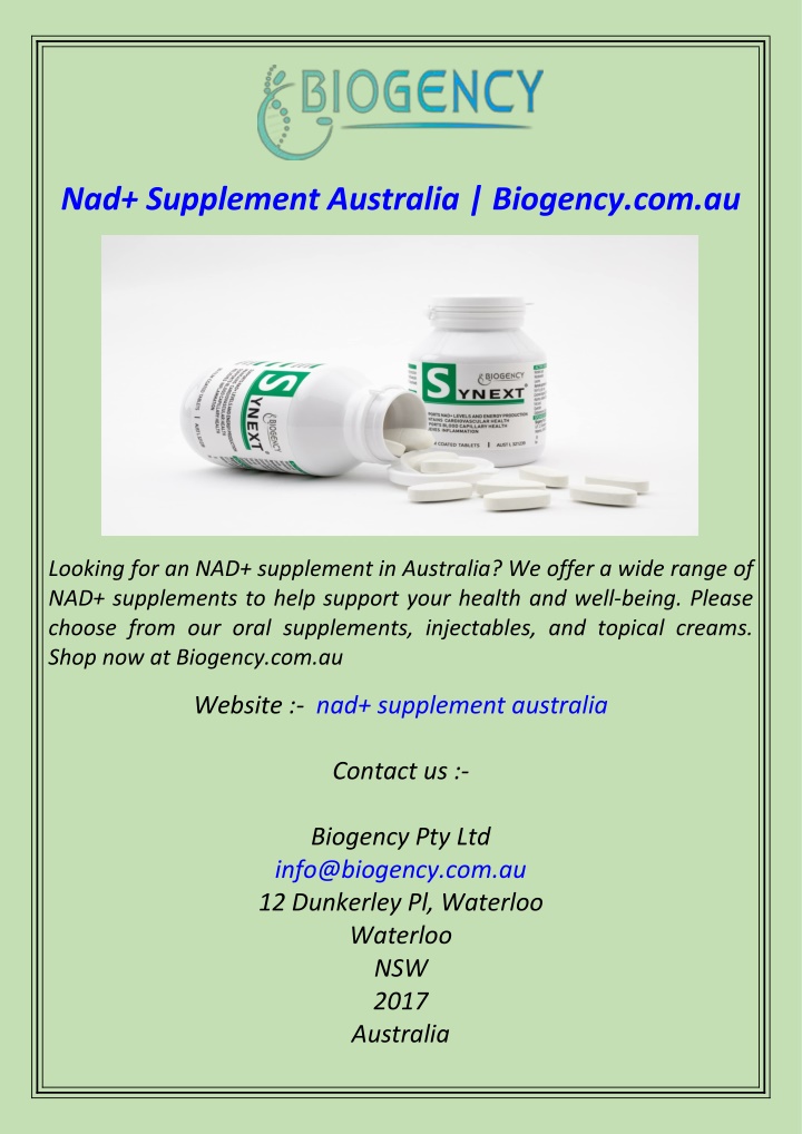 nad supplement australia biogency com au