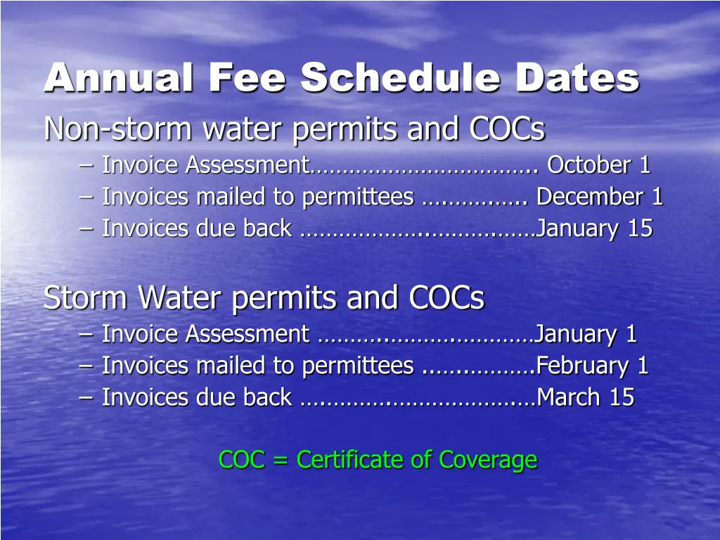 annual fee schedule dates non storm water permits