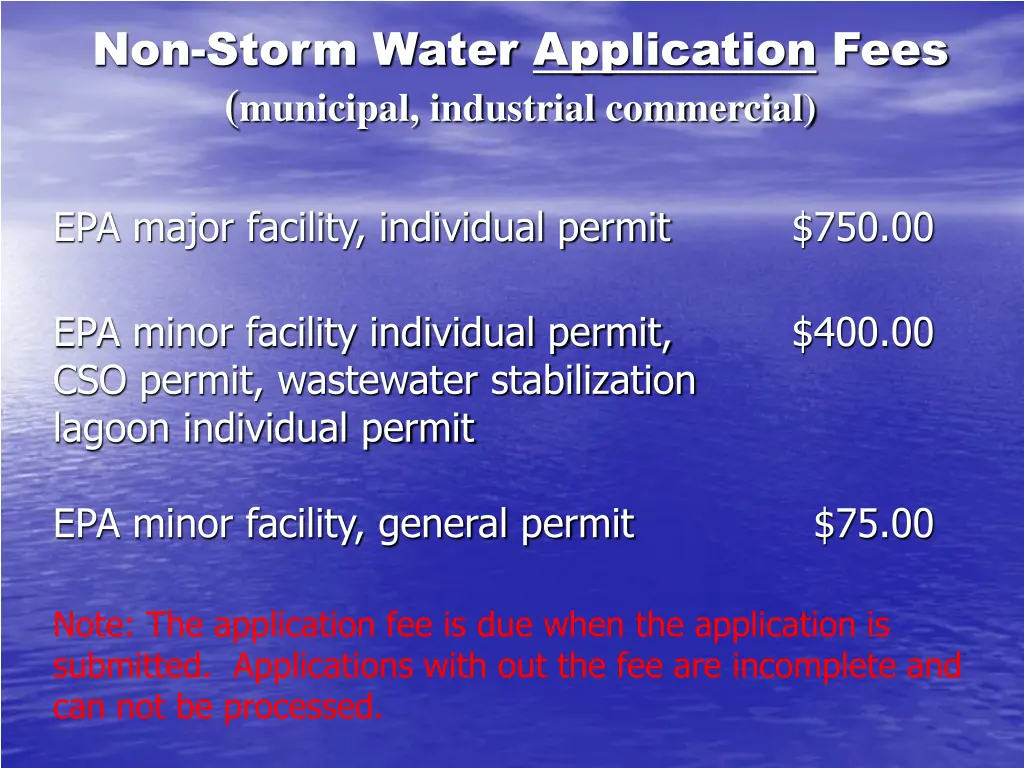 non storm water application fees municipal