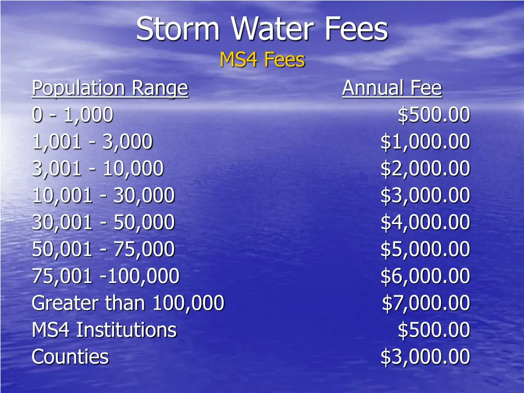 storm water fees ms4 fees population range