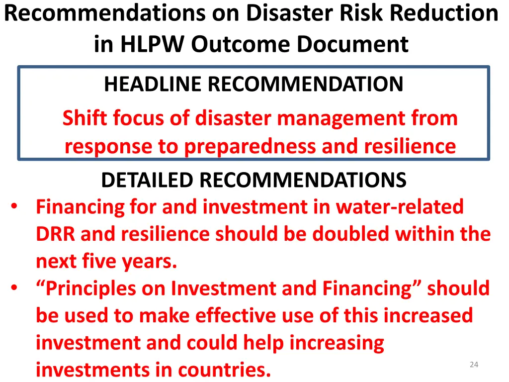 recommendations on disaster risk reduction