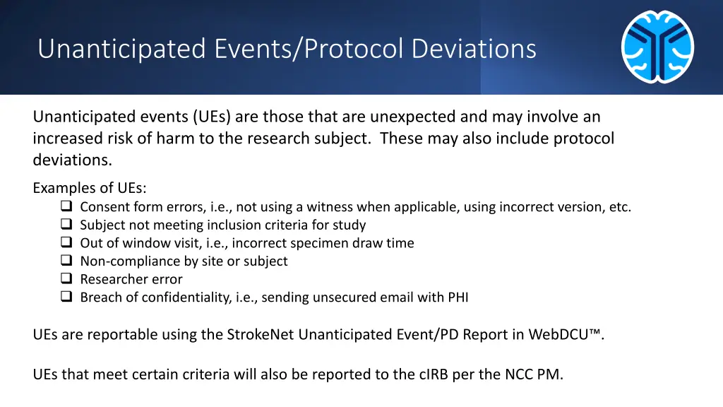 unanticipated events protocol deviations