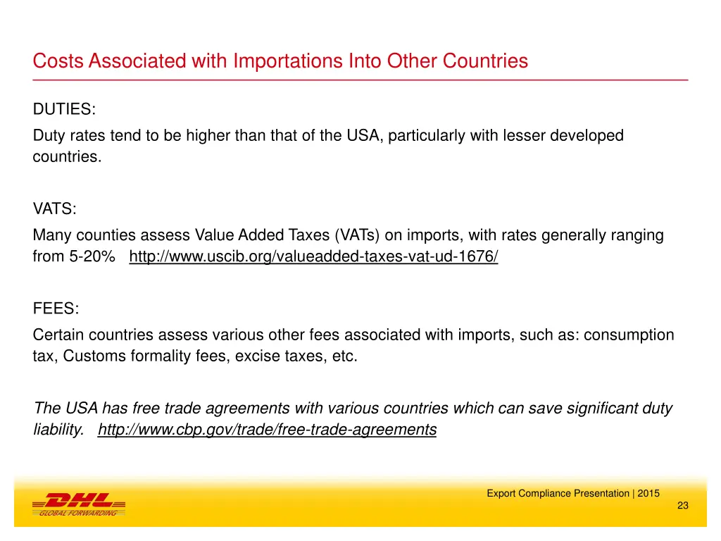 costs associated with importations into other