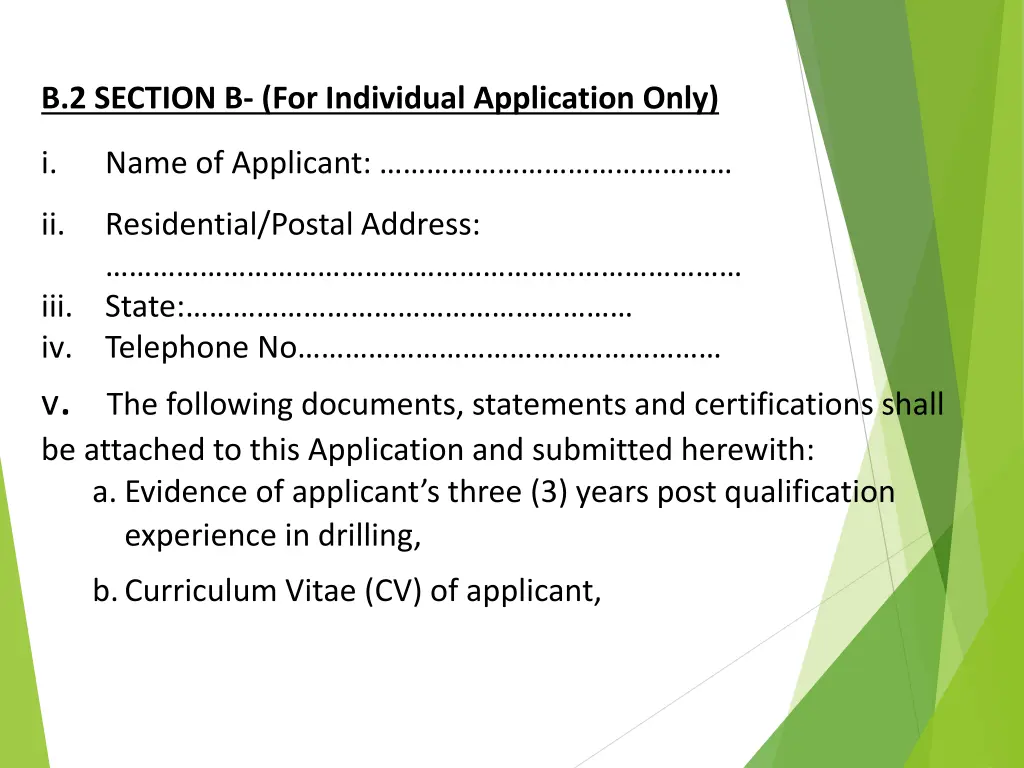 b 2 section b for individual application only