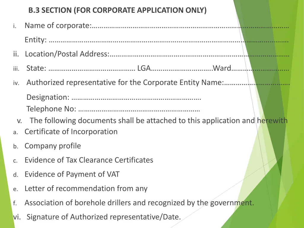 b 3 section for corporate application only