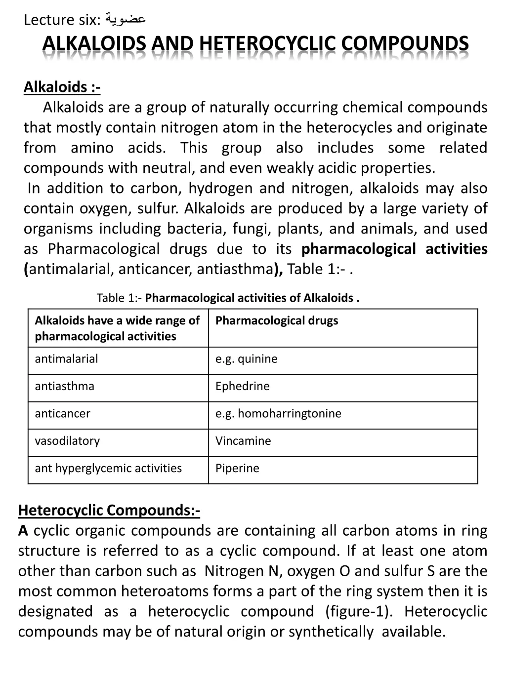 lecture six alkaloids and heterocyclic compounds