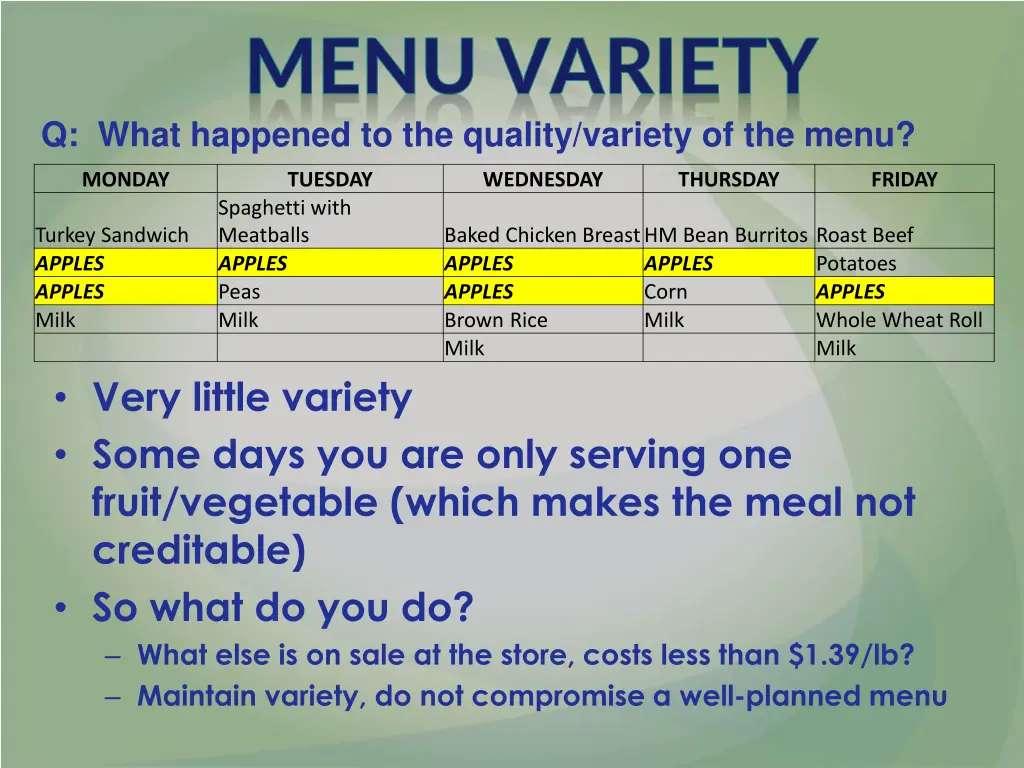 menu variety menu variety