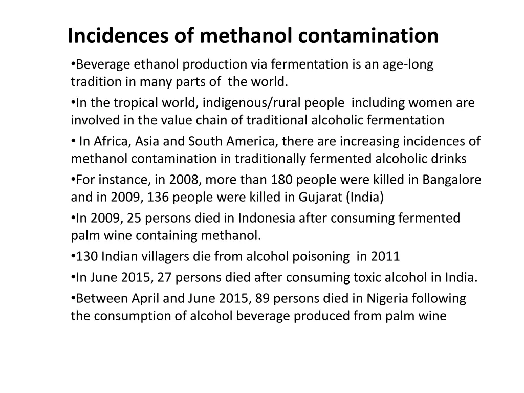 incidences of methanol contamination beverage