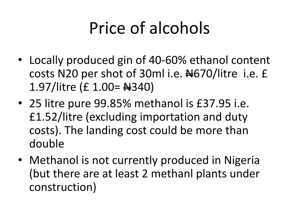 price of alcohols