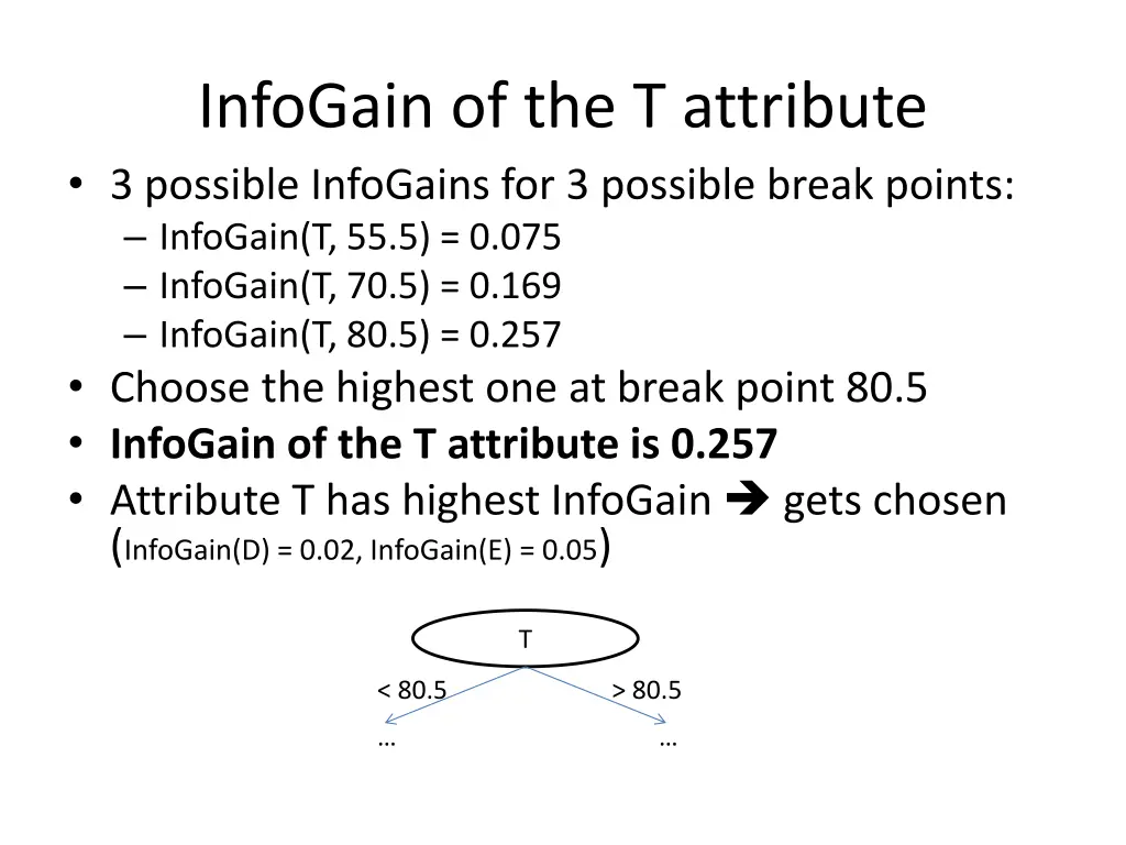 infogain of the t attribute 3 possible infogains