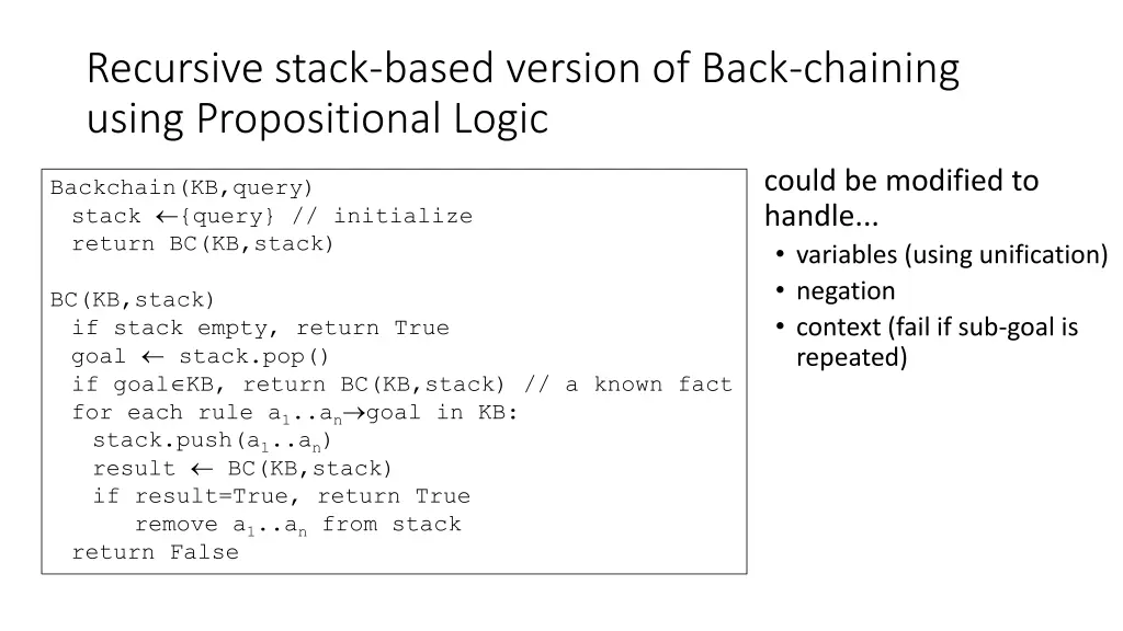 recursive stack based version of back chaining