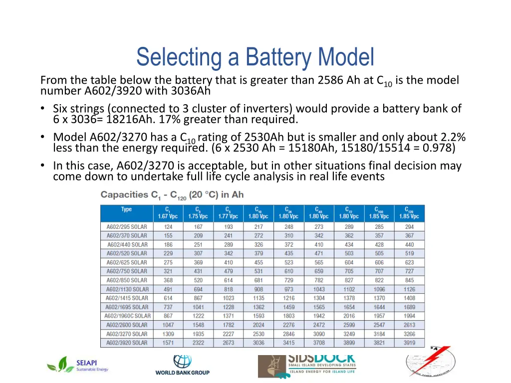 selecting a battery model from the table below