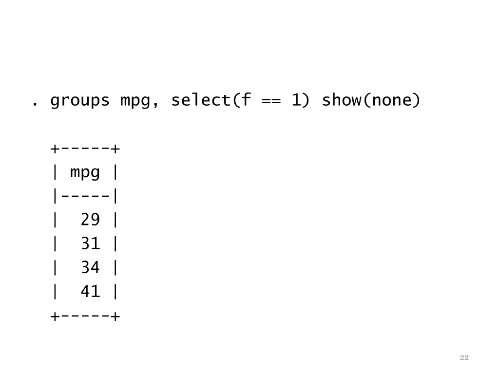 groups mpg select f 1 show none