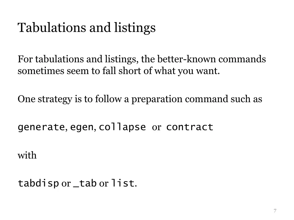 tabulations and listings