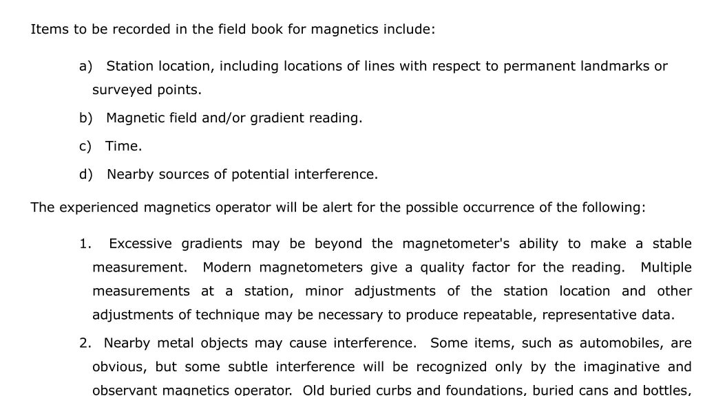 items to be recorded in the field book