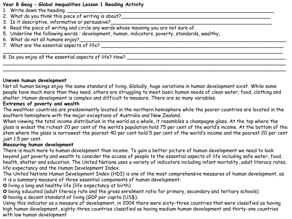 year 8 geog global inequalities lesson 1 reading