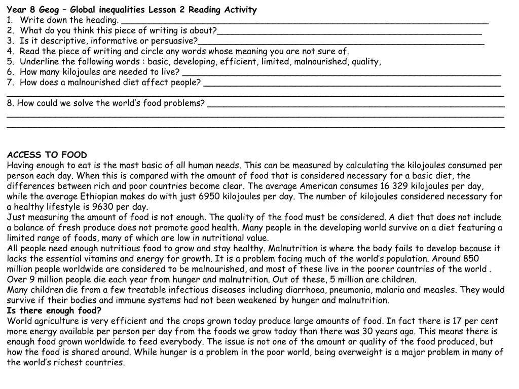 year 8 geog global inequalities lesson 2 reading