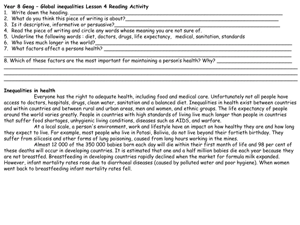 year 8 geog global inequalities lesson 4 reading