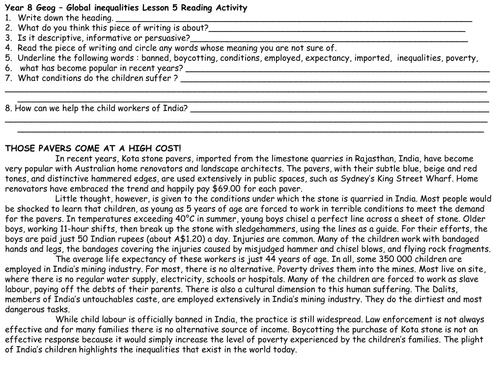 year 8 geog global inequalities lesson 5 reading