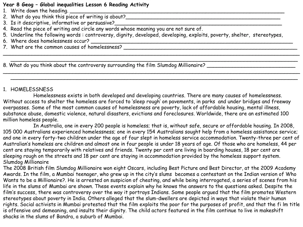 year 8 geog global inequalities lesson 6 reading