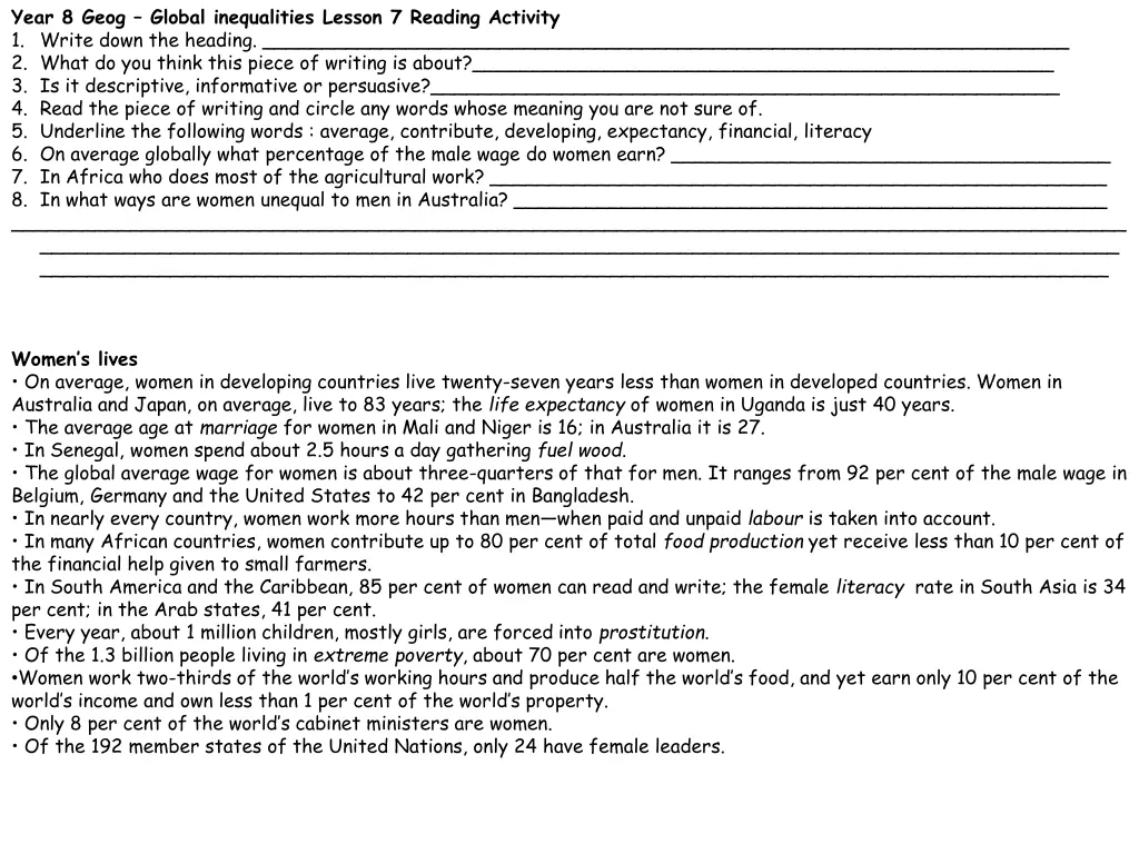 year 8 geog global inequalities lesson 7 reading