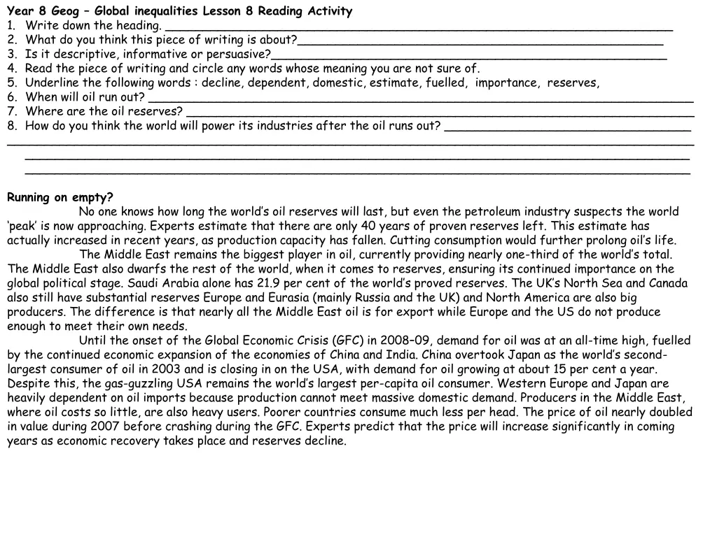 year 8 geog global inequalities lesson 8 reading