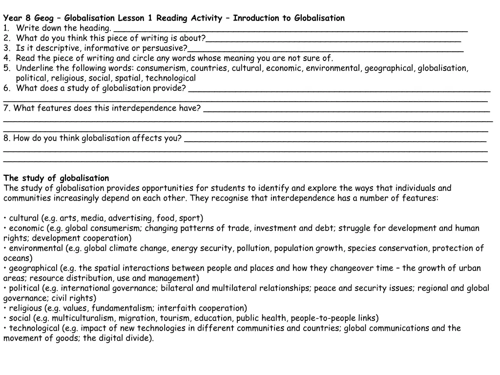 year 8 geog globalisation lesson 1 reading