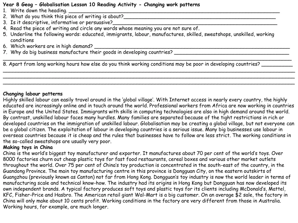 year 8 geog globalisation lesson 10 reading