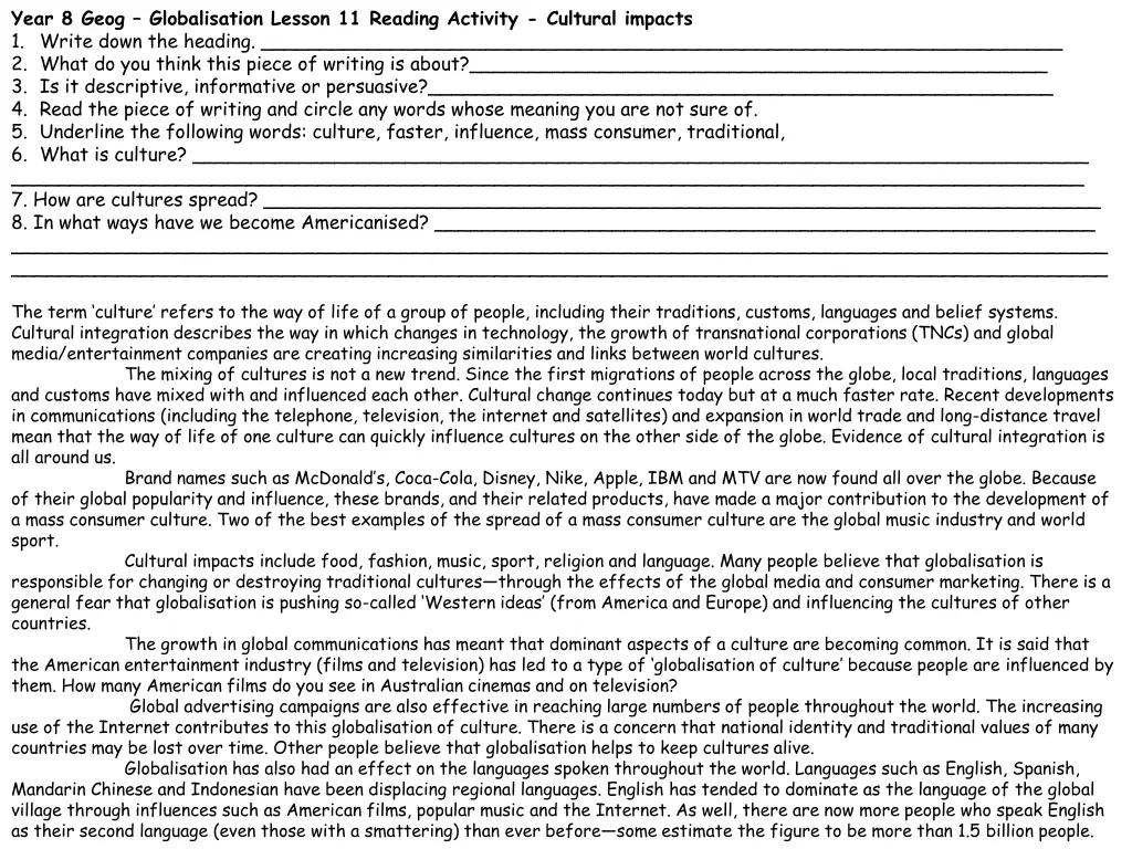 year 8 geog globalisation lesson 11 reading