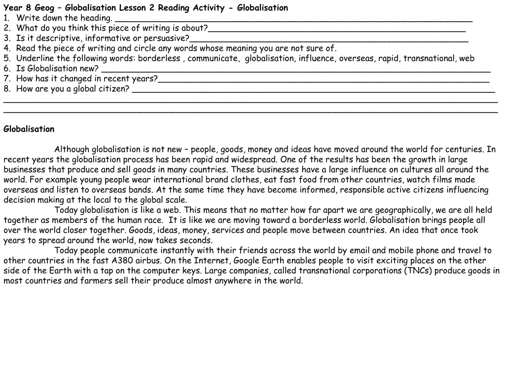 year 8 geog globalisation lesson 2 reading