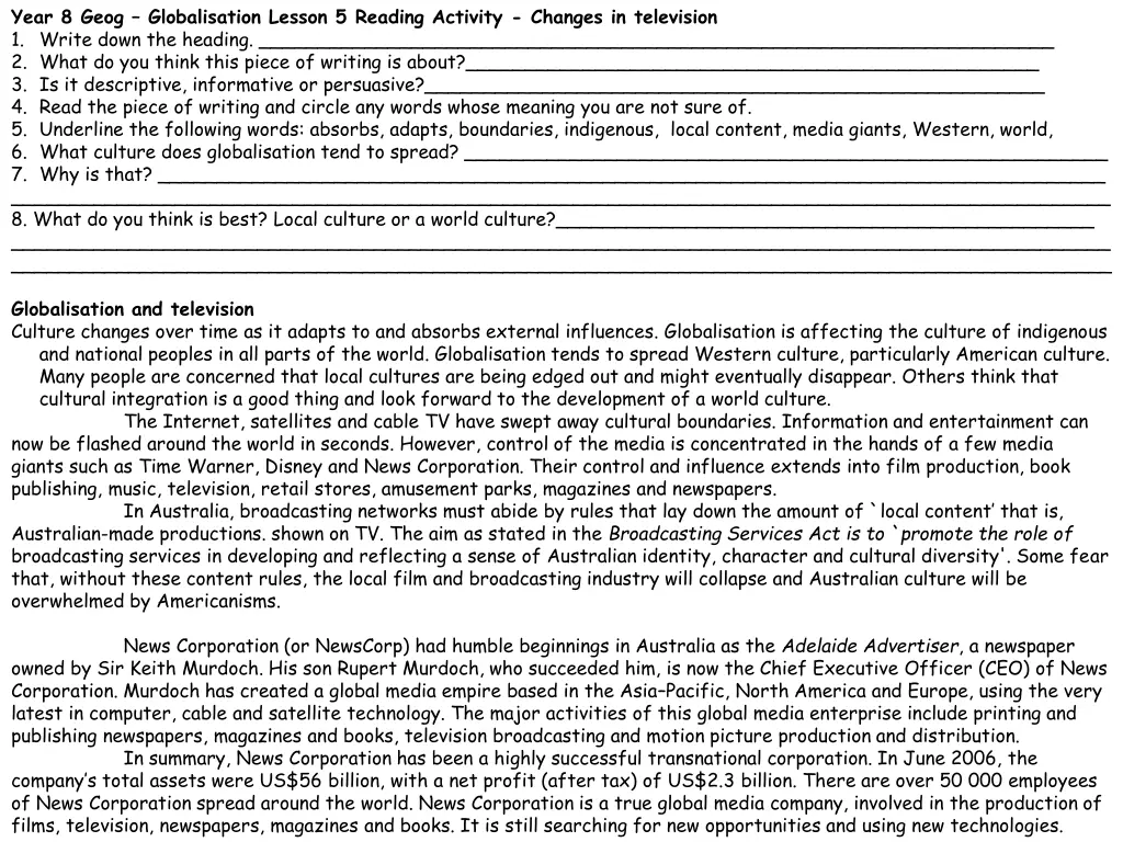 year 8 geog globalisation lesson 5 reading