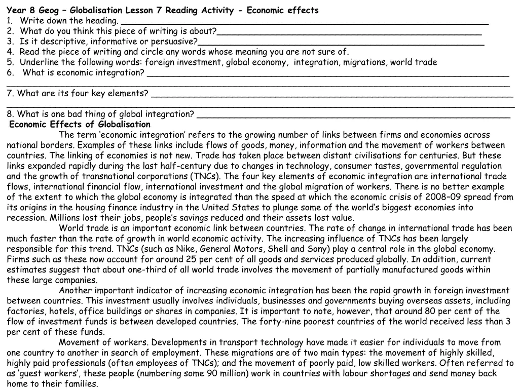 year 8 geog globalisation lesson 7 reading