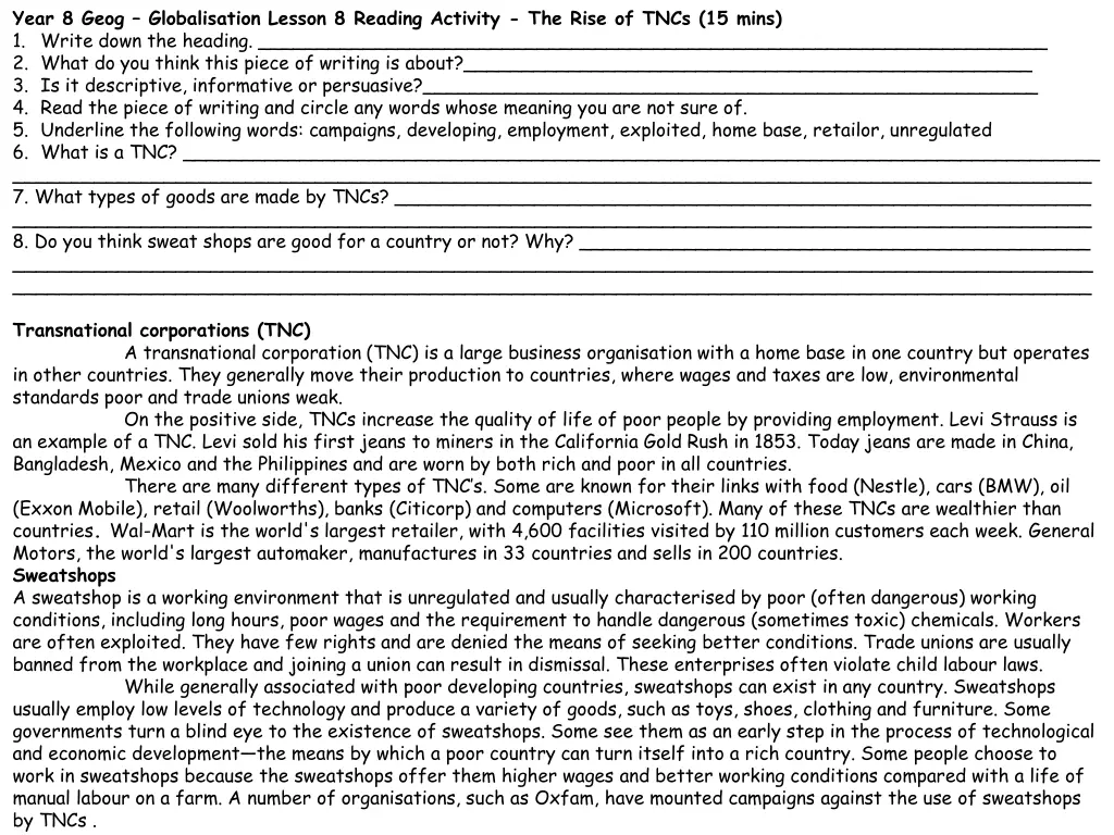 year 8 geog globalisation lesson 8 reading