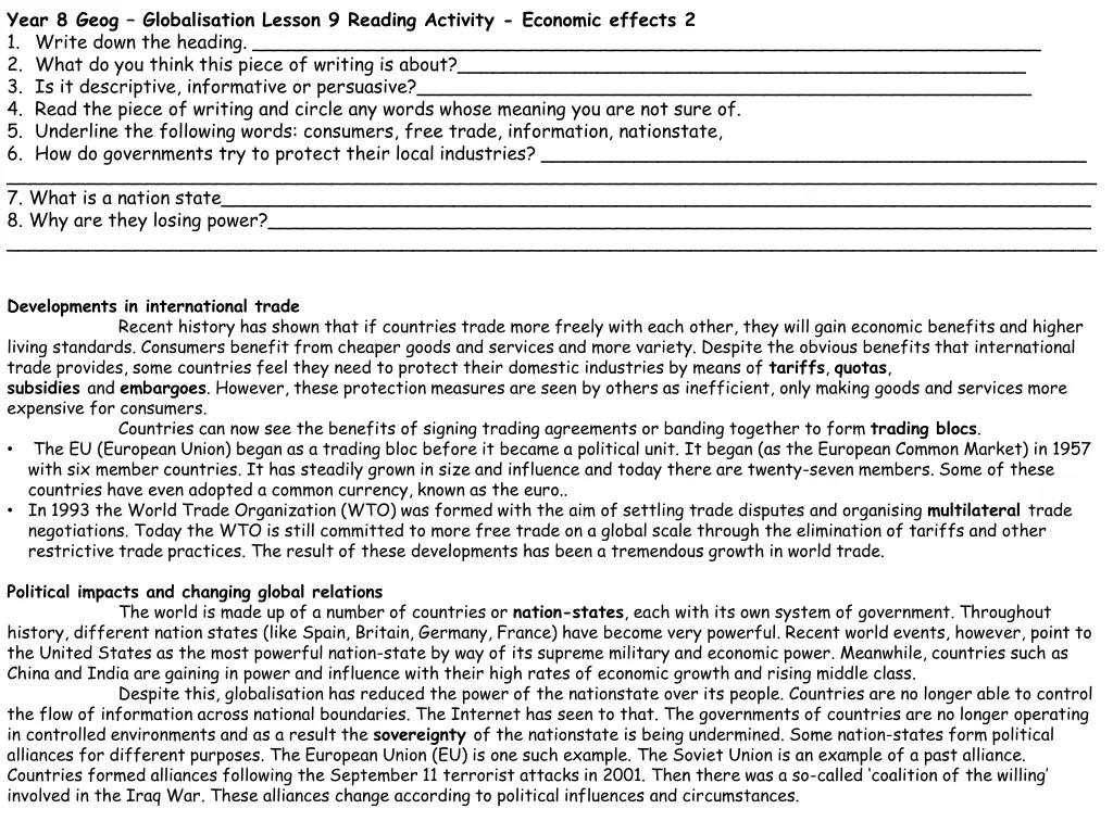 year 8 geog globalisation lesson 9 reading