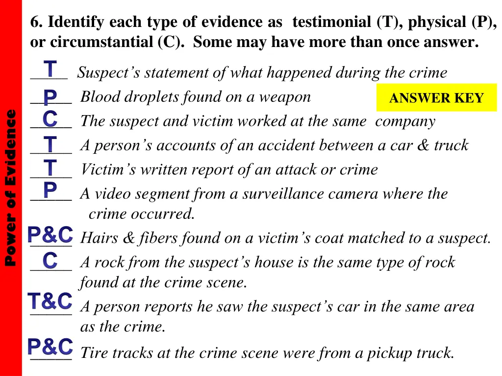 6 identify each type of evidence as testimonial 1