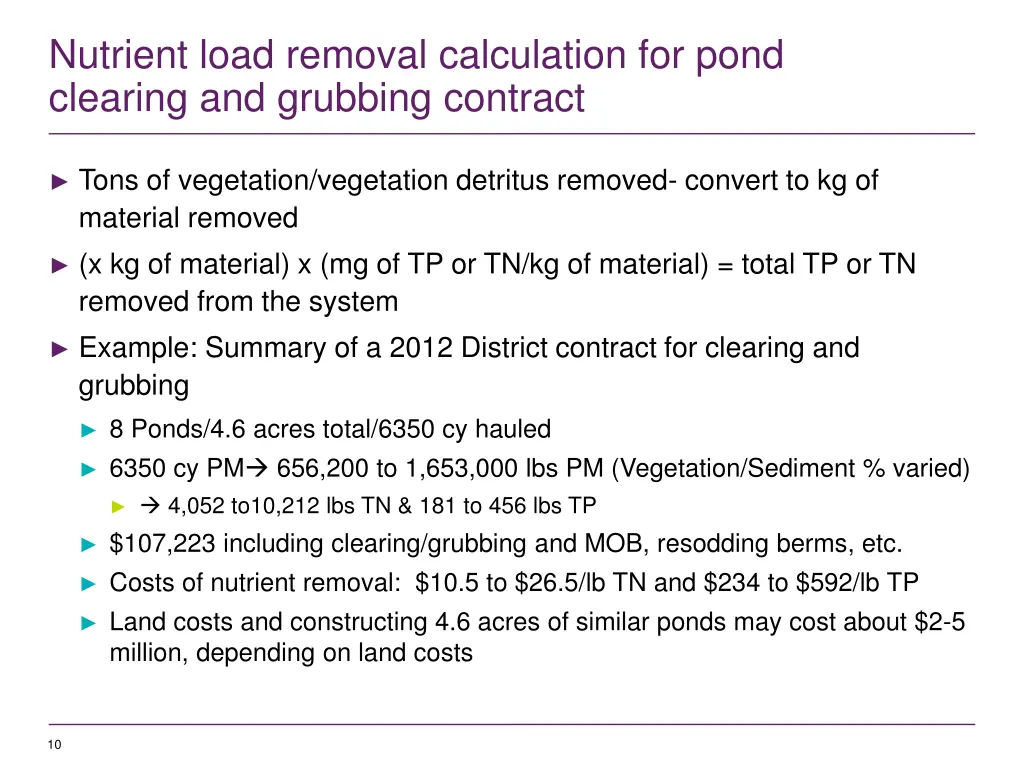 nutrient load removal calculation for pond