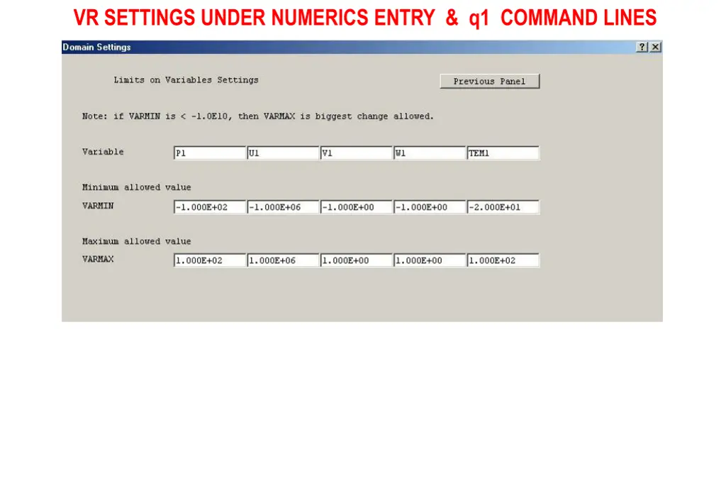 vr settings under numerics entry q1 command lines