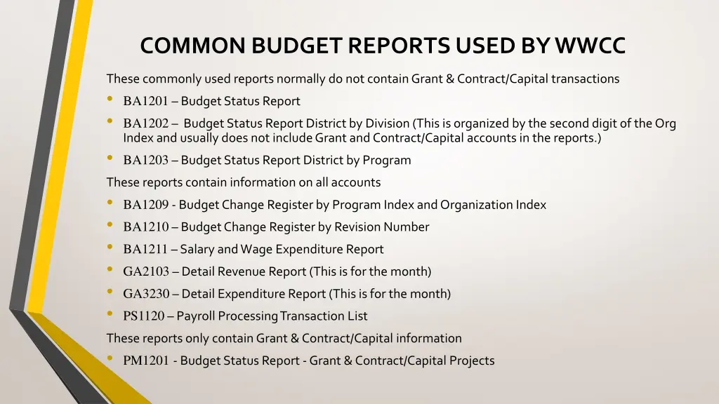 common budget reports used by wwcc