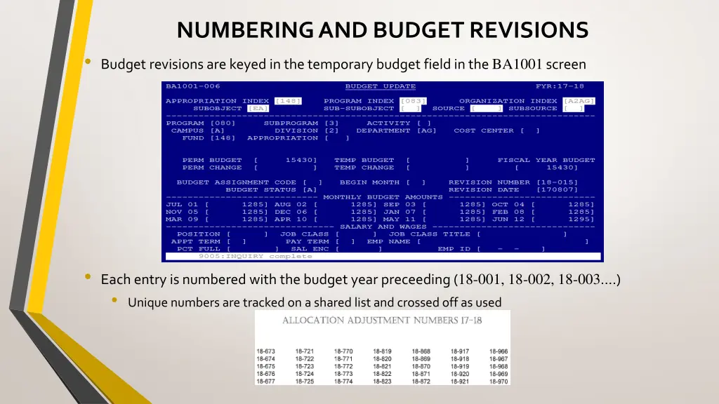 numbering and budget revisions budget revisions