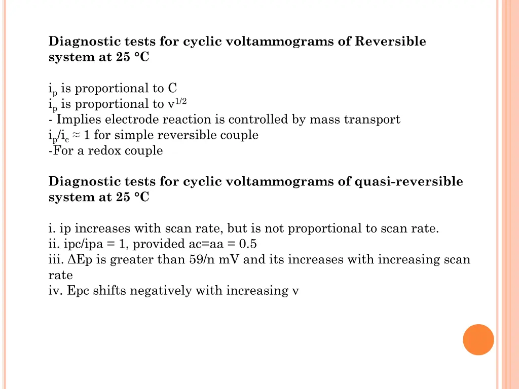 diagnostic tests for cyclic voltammograms